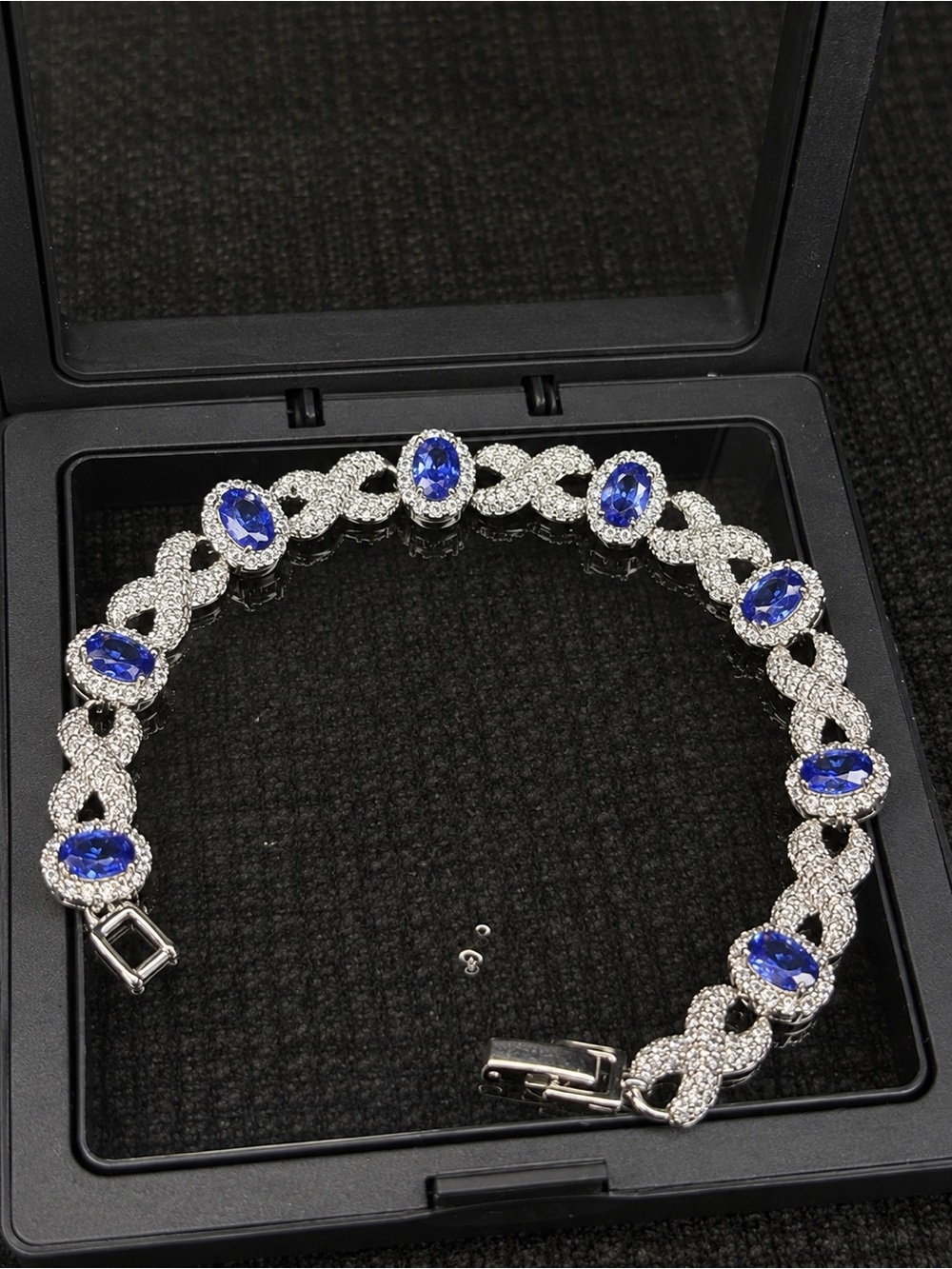 Silver Moissanite Bracelet with Blue Oval Stones